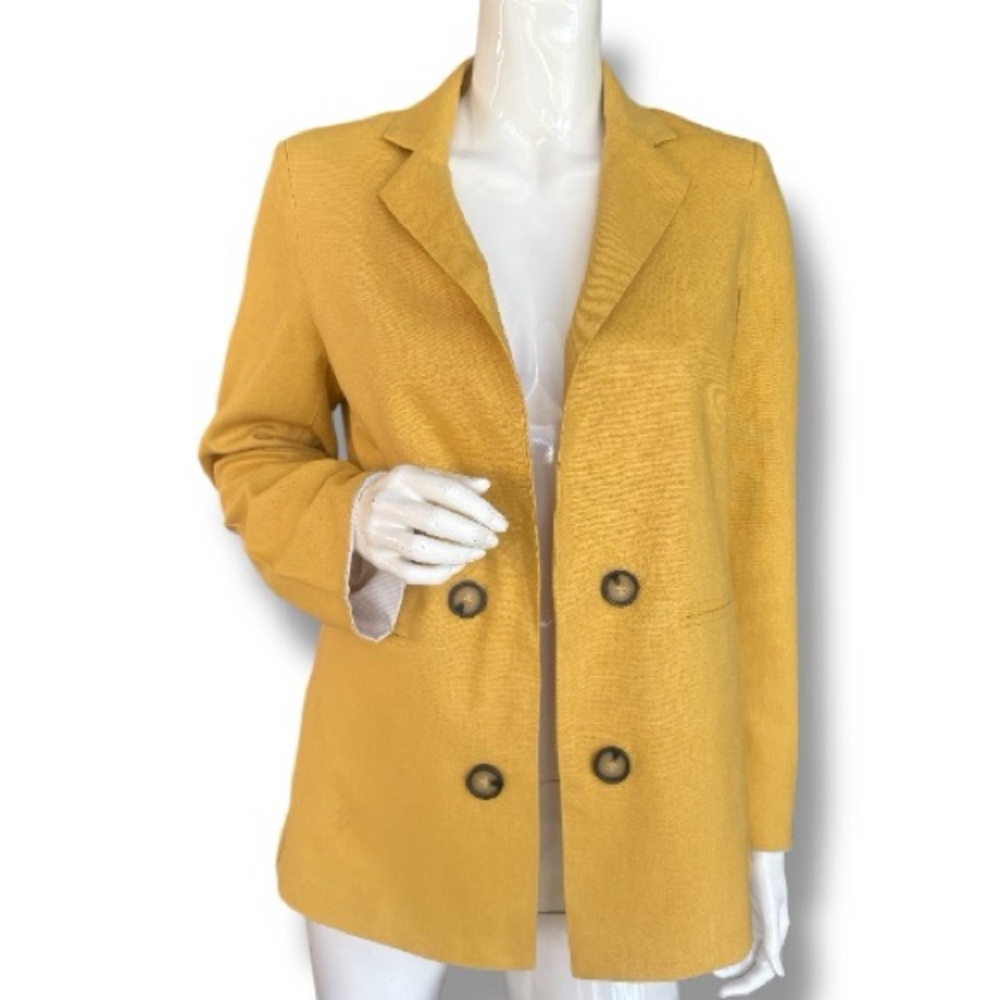 Halston Heritage Mustard Yellow Open Front Linen Blend Blazer. Women’s Size S